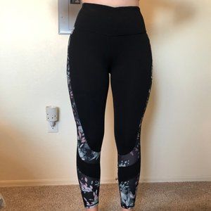 Skechers Black Leggings with Pink and Green Floral Leaf Details